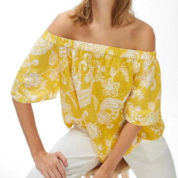 Chico’s Linen Paisley Off-Shoulder Top Women’s Size L Lightweight Boho Yellow - Picture 1 of 11